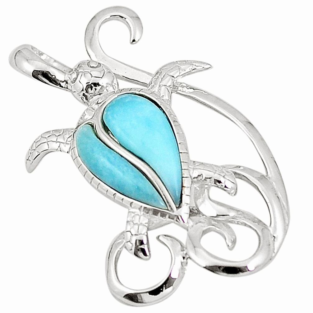 Natural blue larimar 925 sterling silver turtle pendant jewelry a76404