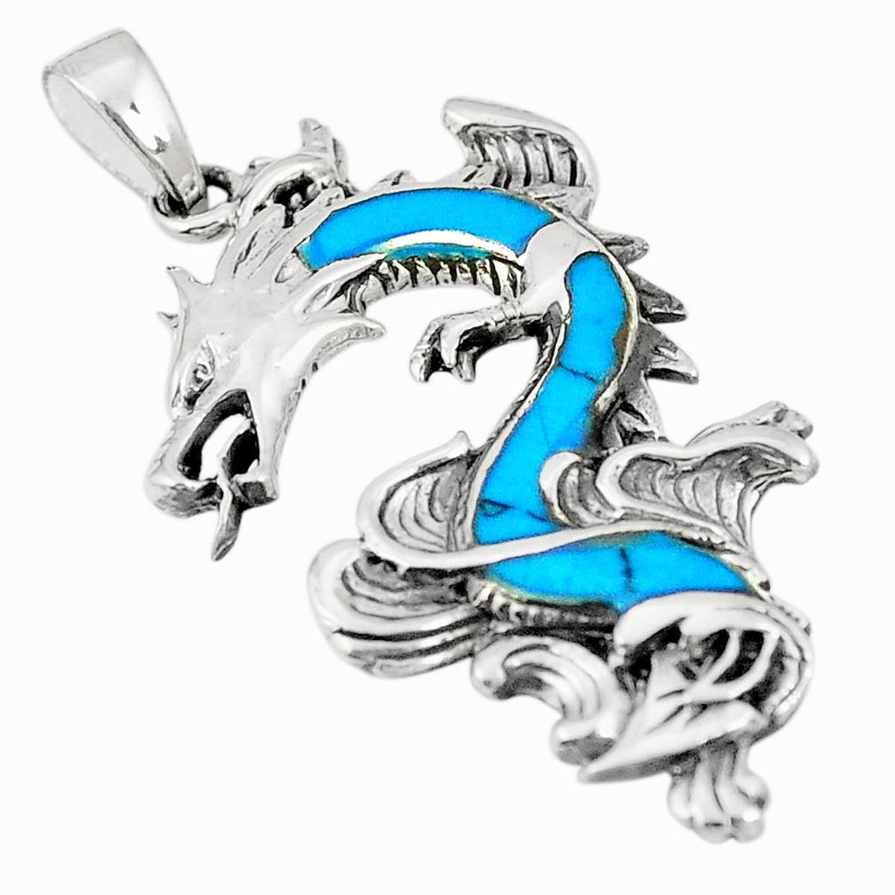 Fine blue turquoise enamel 925 sterling silver dragon pendant a79727