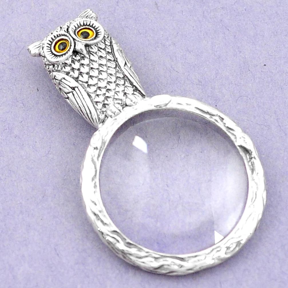Edwardian magnifying glass enamel 925 sterling silver owl pendant jewelry a82068