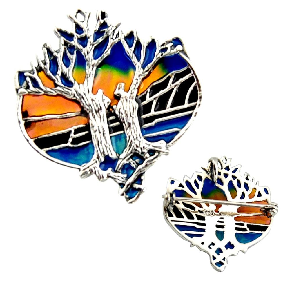 Art nouveau multi color enamel 925 silver tree of life brooch pendant c8139