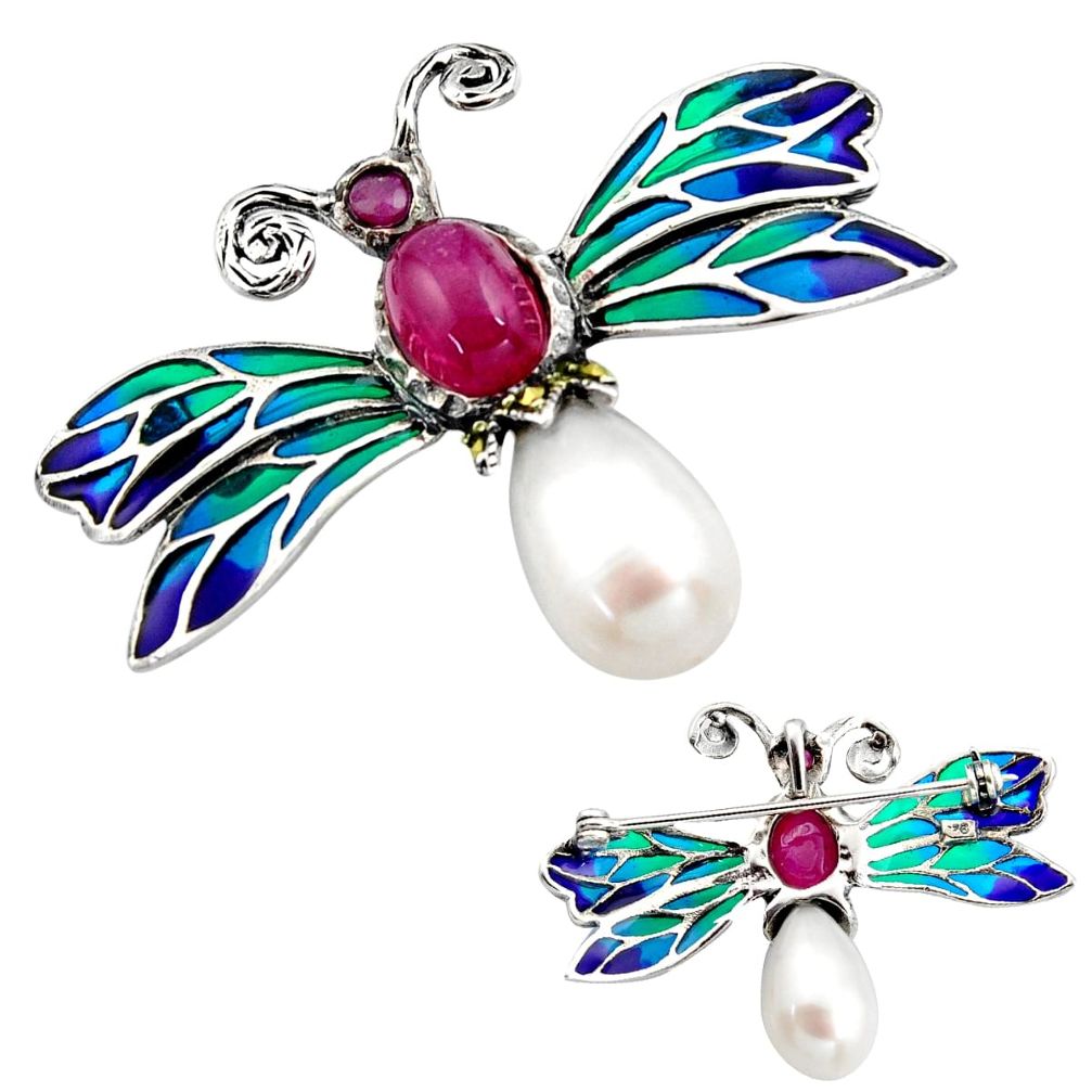 Art nouveau pearl ruby enamel 925 silver butterfly brooch pendant c8147