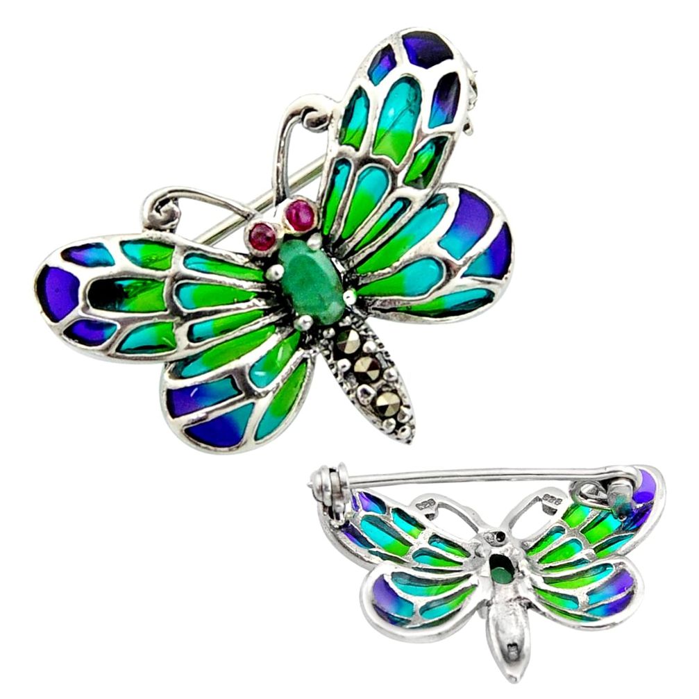 Art nouveau emerald ruby enamel 925 silver butterfly brooch pendant c8150