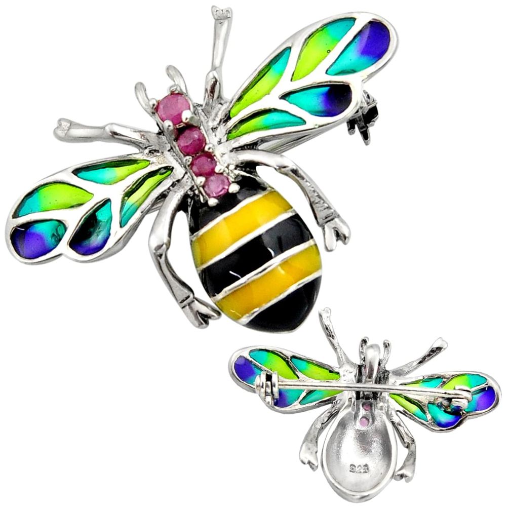 Art nouveau red ruby enamel 925 silver honey bee brooch pendant c8151