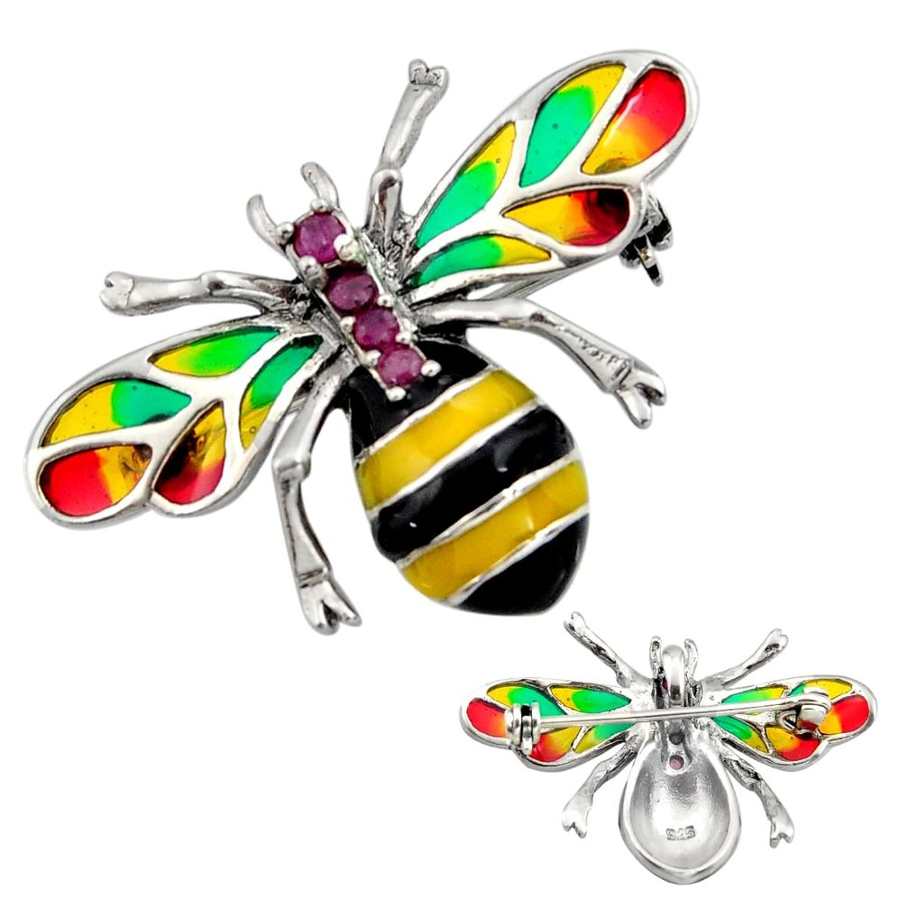 Art nouveau red ruby enamel 925 silver honey bee brooch pendant c8152