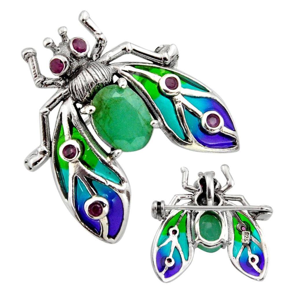 Art nouveau emerald ruby enamel 925 silver honey bee brooch pendant c8154