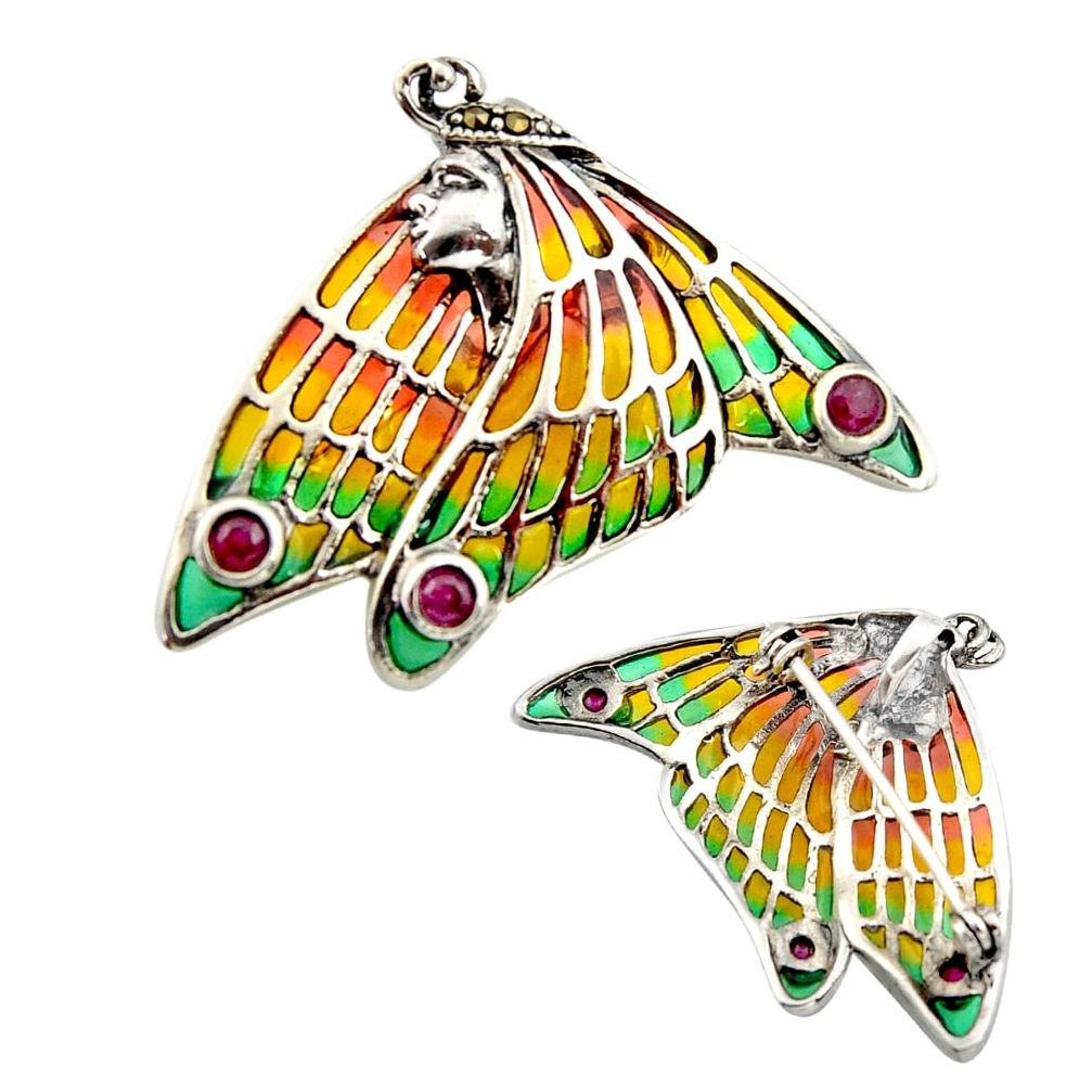 Art nouveau ruby marcasite enamel 925 silver butterfly brooch pendant c8169