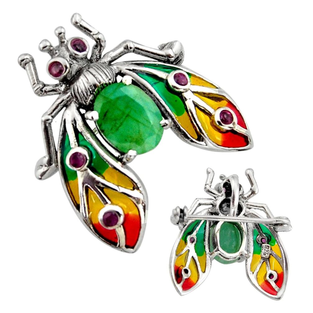 Art nouveau natural green emerald ruby enamel 925 silver brooch pendant c8250