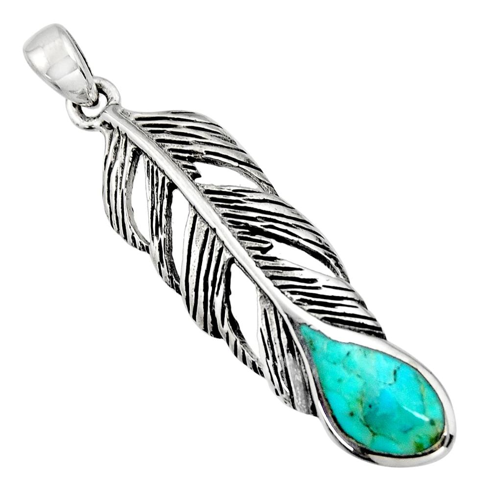 925 silver 3.89gms green arizona mohave turquoise enamel feather pendant c8573