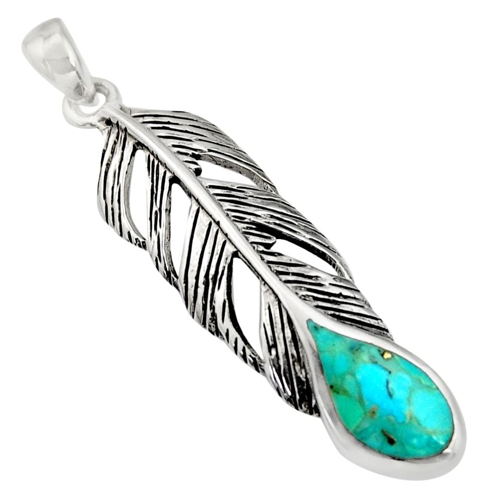 3.48gms green arizona mohave turquoise enamel 925 silver feather pendant c8600
