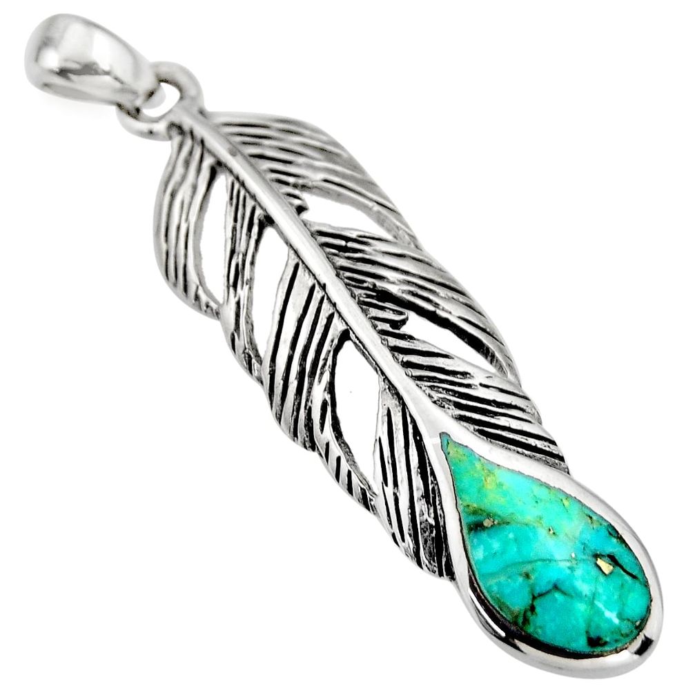 925 silver 3.48gms green arizona mohave turquoise enamel feather pendant c8624