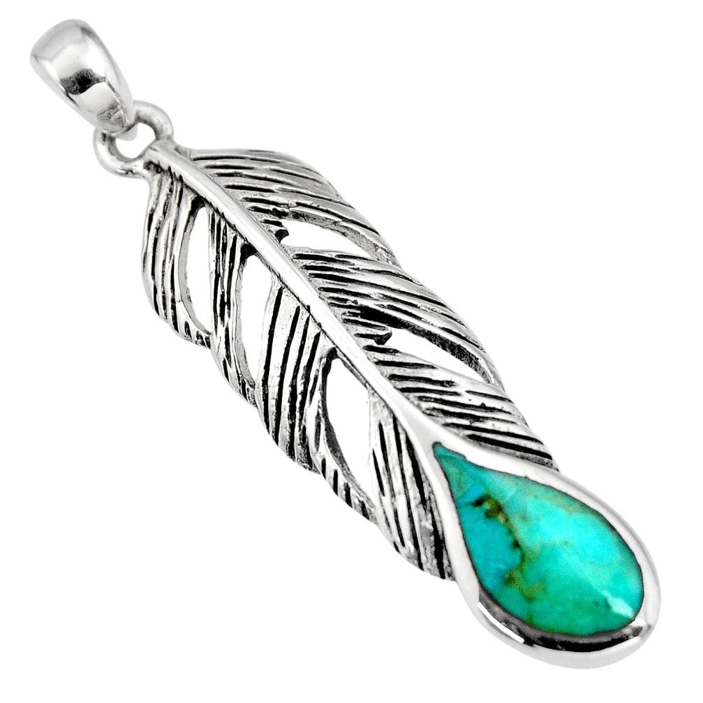 3.65gms green arizona mohave turquoise enamel 925 silver feather pendant c8635