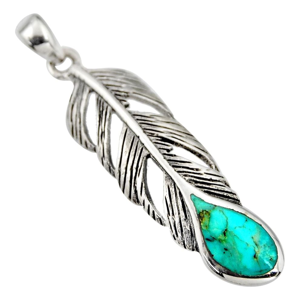 3.68gms green arizona mohave turquoise enamel 925 silver feather pendant c8636