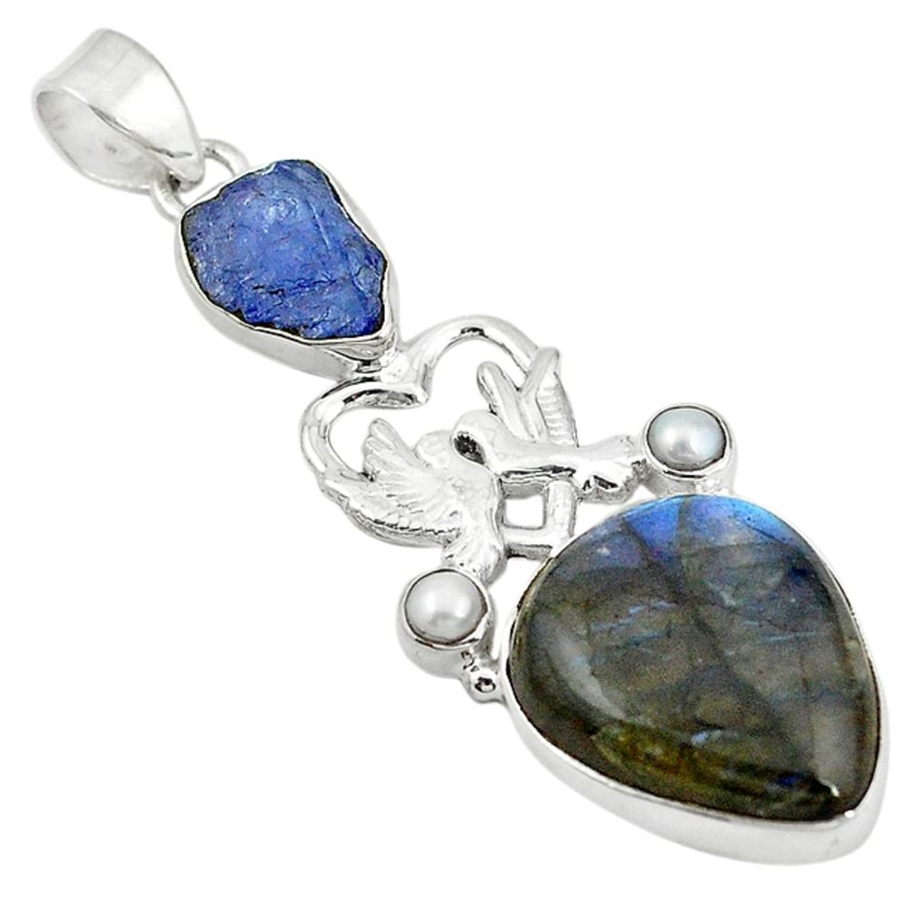 Natural blue labradorite white pearl 925 silver love birds pendant d11387