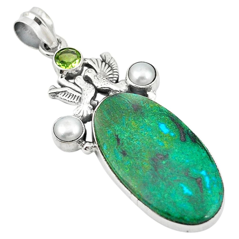 Natural green chrysocolla peridot pearl 925 silver love birds pendant d11546