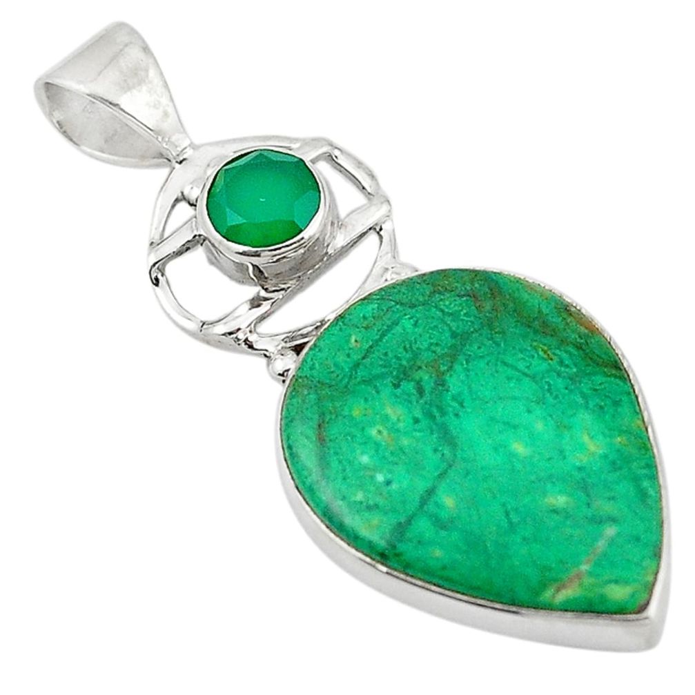 Natural green chrysocolla chalcedony 925 sterling silver pendant d11879