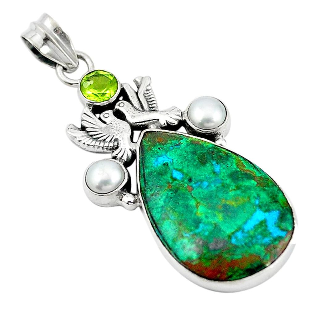 925 silver natural green chrysocolla peridot pearl love birds pendant d11956