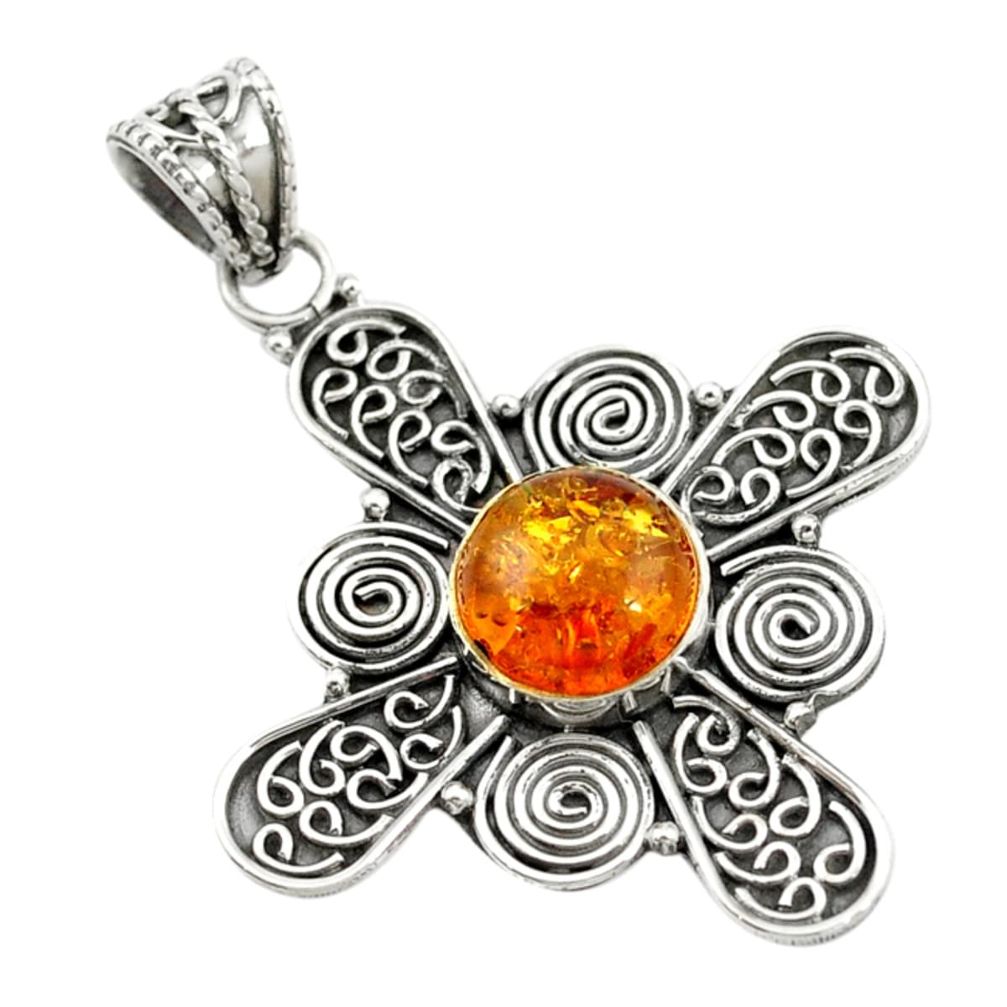 925 sterling silver orange amber round shape pendant jewelry d14519