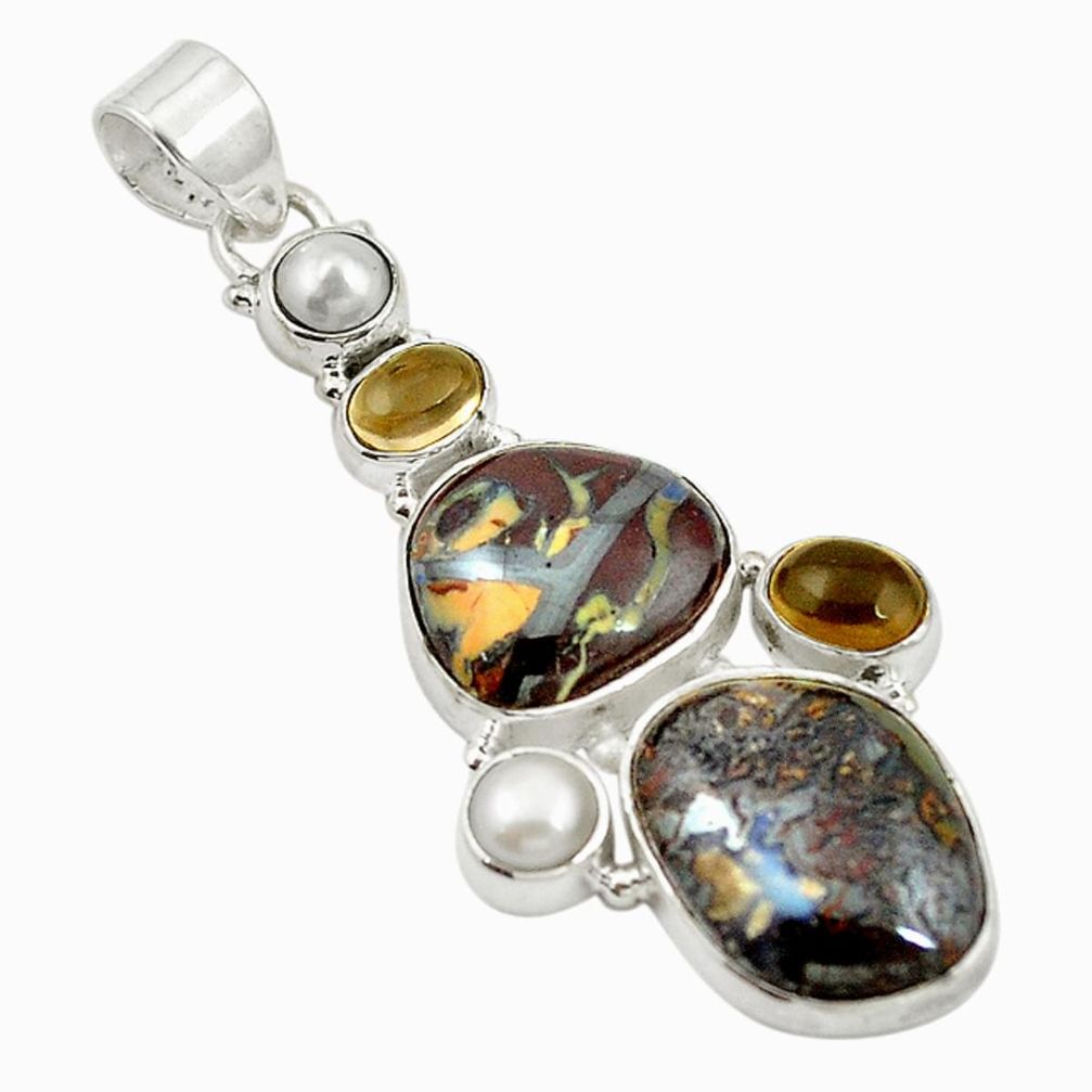 925 sterling silver natural brown boulder opal smoky topaz pearl pendant d17644