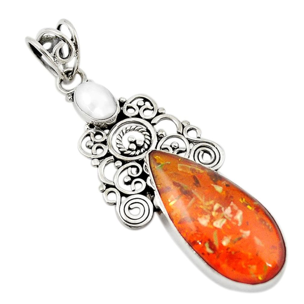 Orange amber pear white pearl 925 sterling silver pendant jewelry d18813