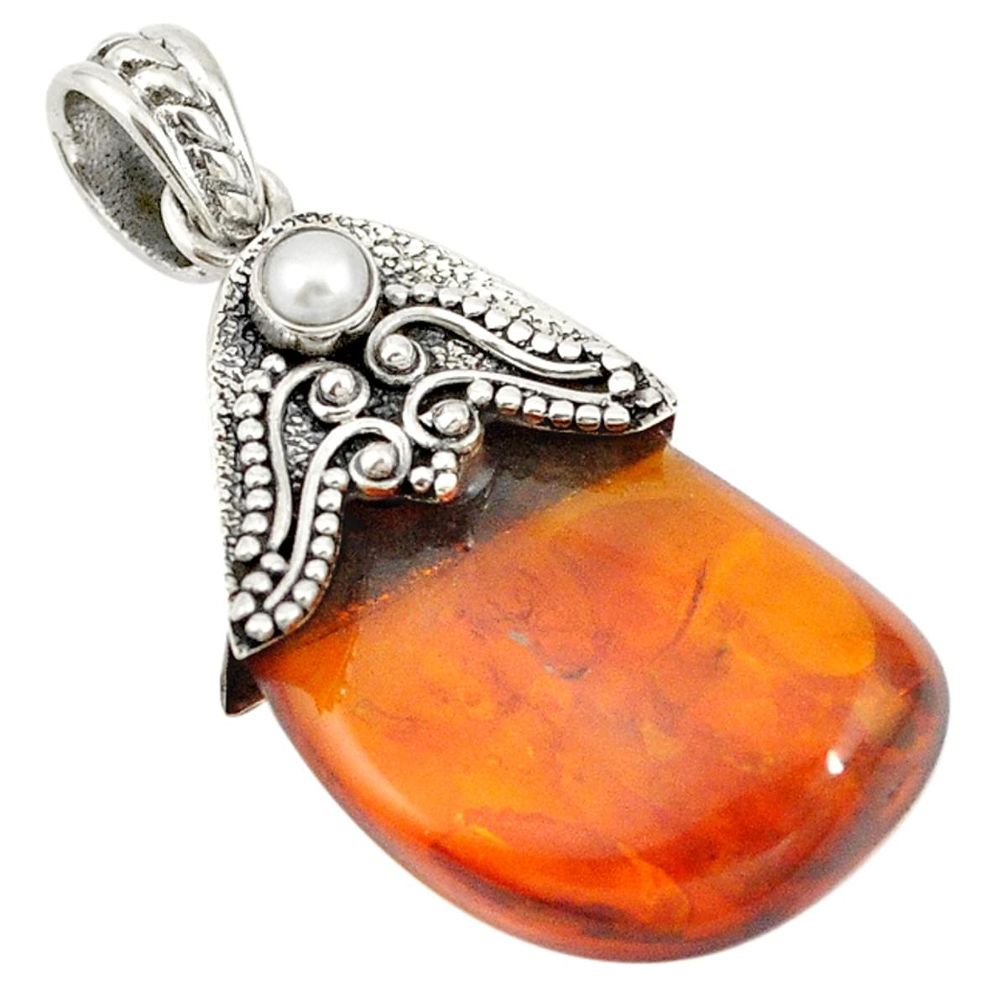 Yellow amber white pearl 925 sterling silver pendant jewelry d19502