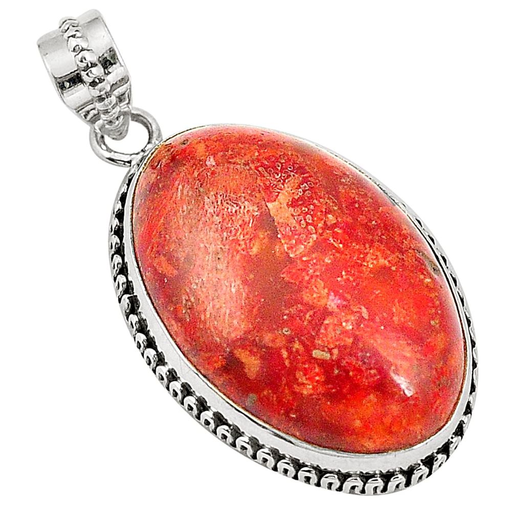 Natural red sponge coral 925 sterling silver pendant jewelry d22726