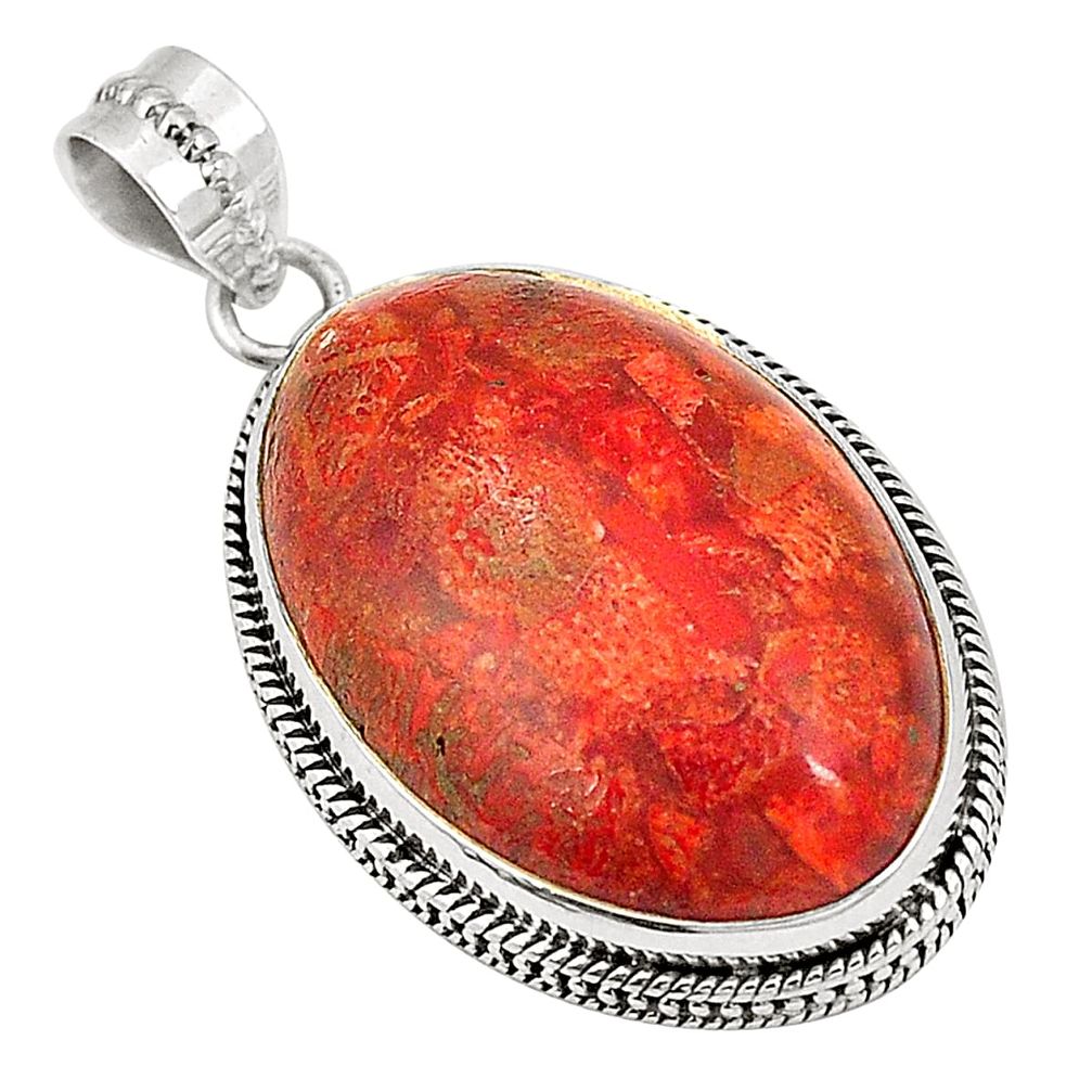 Natural red sponge coral 925 sterling silver pendant jewelry d22728