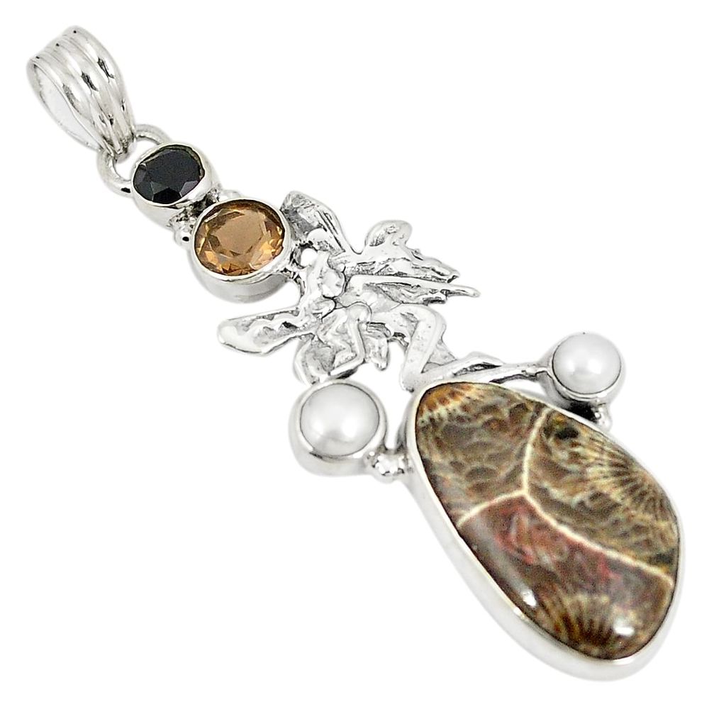 Natural fossil coral petoskey stone 925 silver angel wings fairy pendant d22957