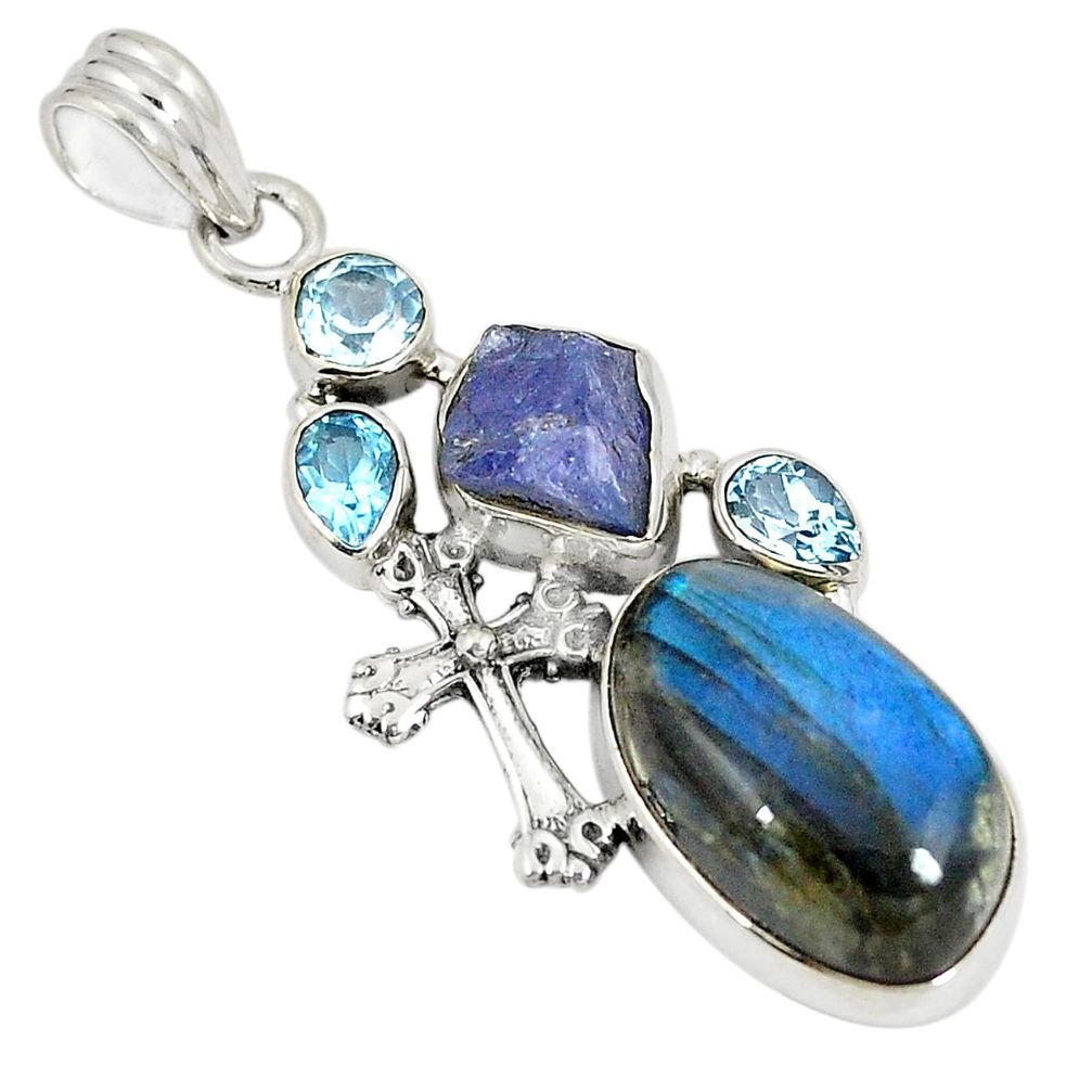 Natural blue labradorite 925 sterling silver holy cross pendant d22958