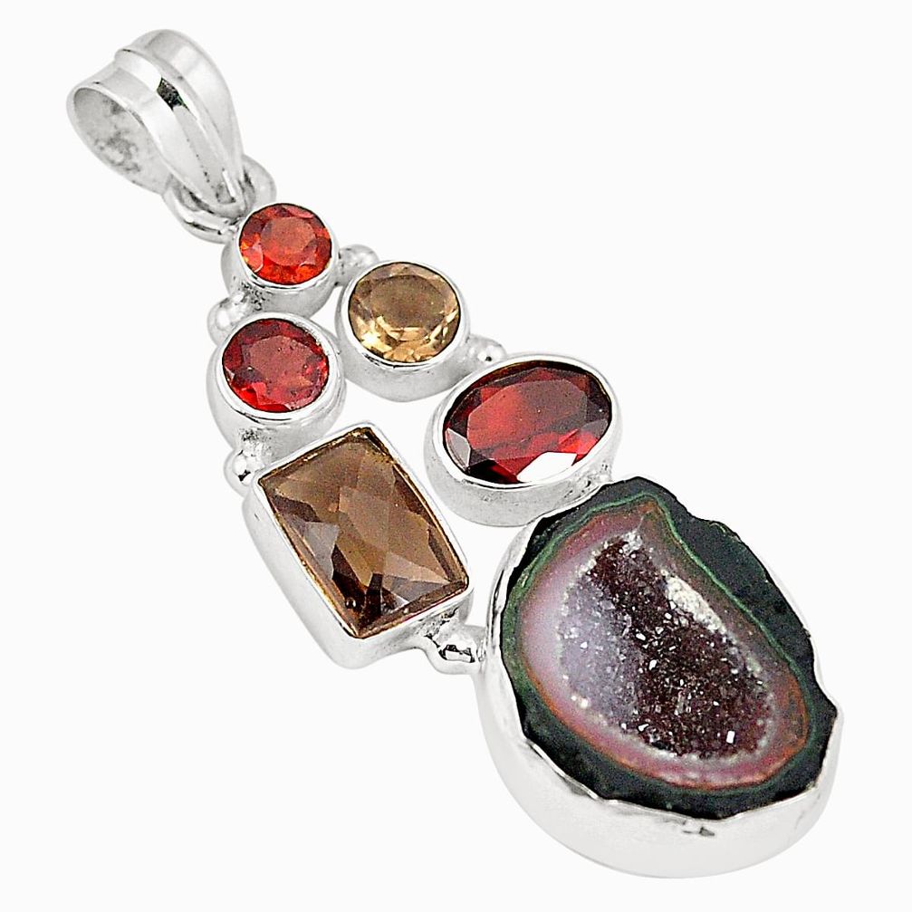 Natural brown geode druzy smoky topaz 925 silver pendant jewelry d23447