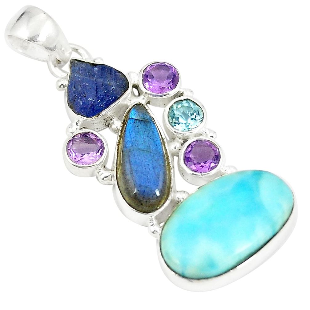 Natural blue larimar tanzanite rough 925 sterling silver pendant d23527