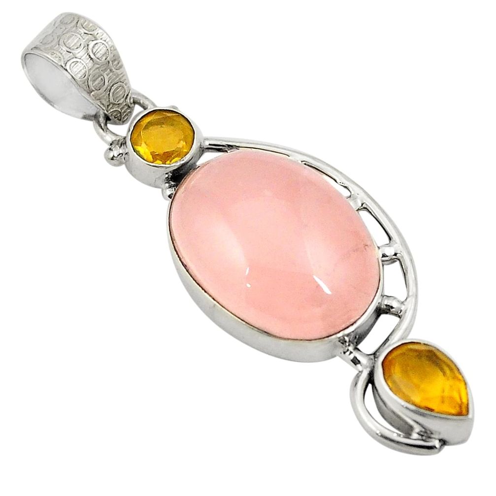 Natural pink rose quartz yellow citrine 925 sterling silver pendant d24406