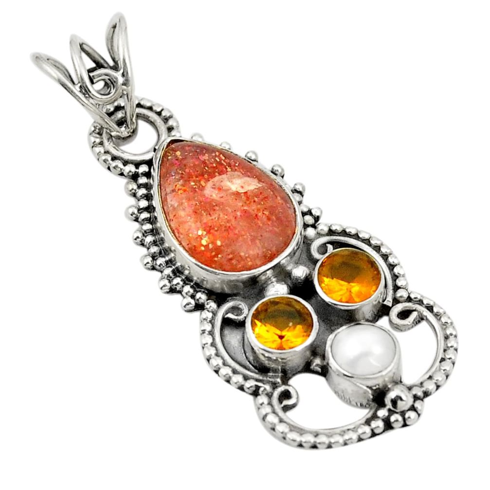 Natural orange sunstone (hematite feldspar) pearl 925 silver pendant d24427