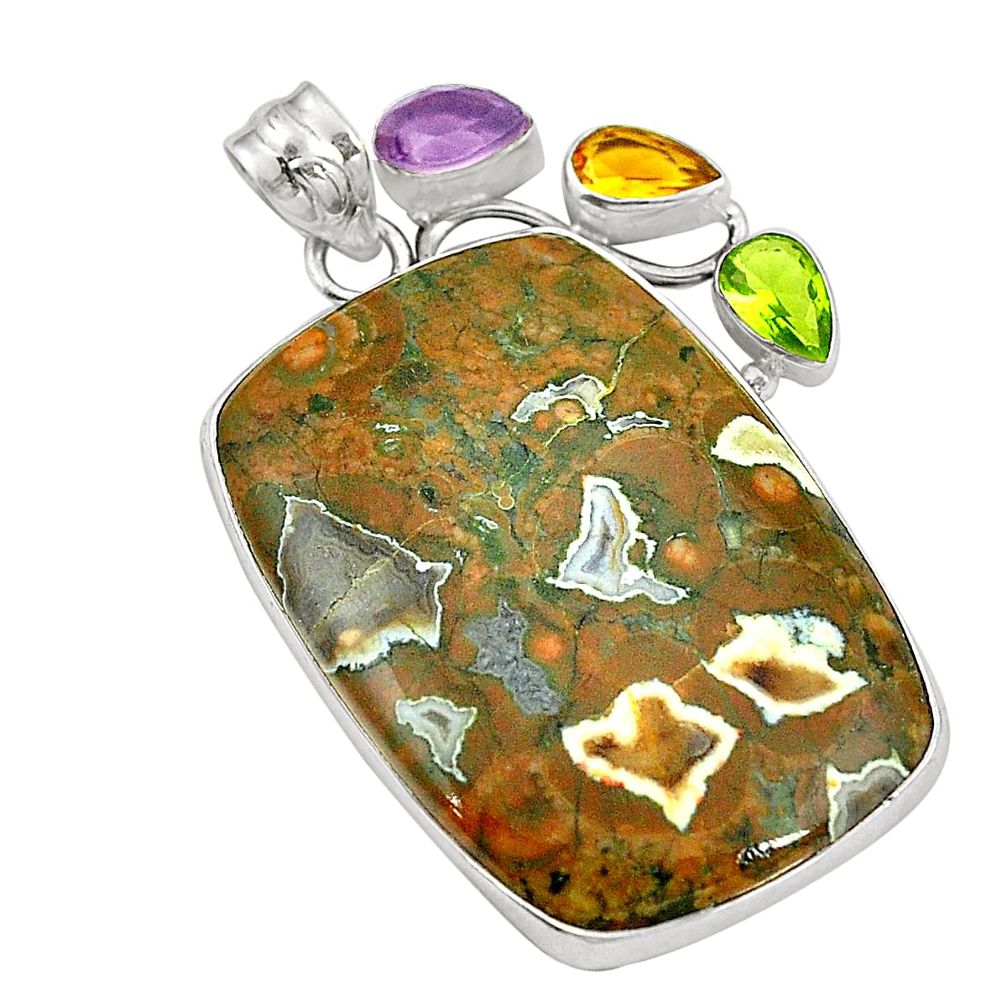 925 silver natural multi color rainforest rhyolite jasper peridot pendant d24495