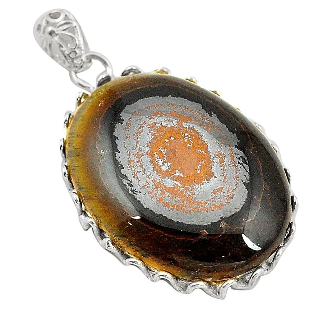 Natural brown tiger's hawks eye 925 sterling silver pendant jewelry d24547