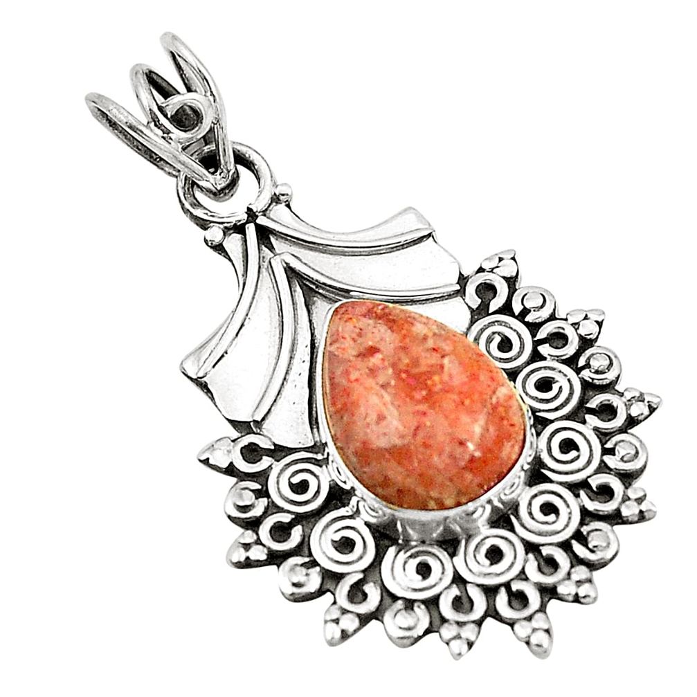 Natural orange sunstone (hematite feldspar) 925 silver pendant d24580