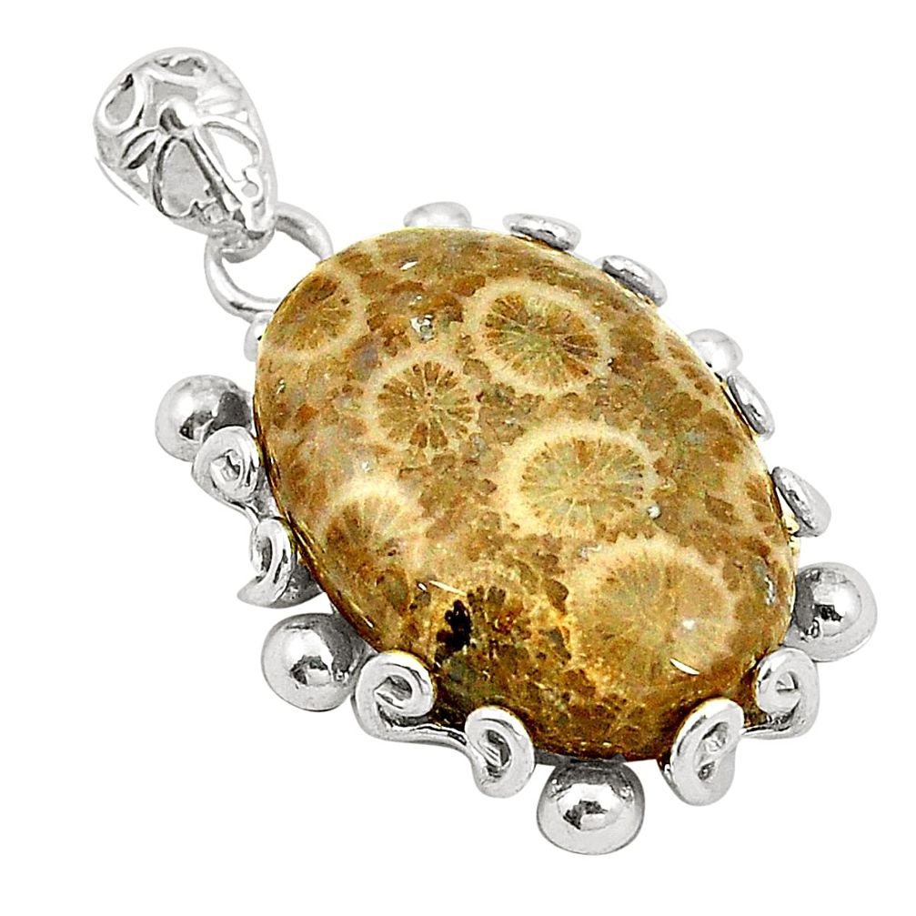 925 silver natural brown fossil coral (agatized) petoskey stone pendant d24593