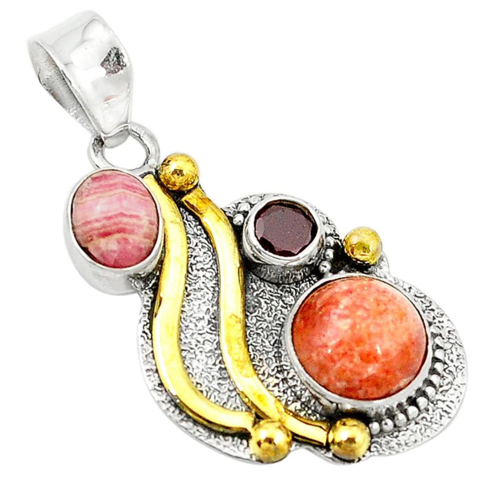 Orange sunstone rhodochrosite inca rose 925 silver two tone pendant d2622