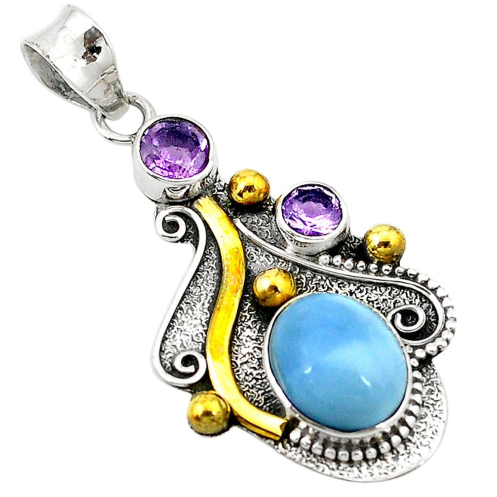 Victorian natural blue owyhee opal amethyst 925 silver two tone pendant d2635