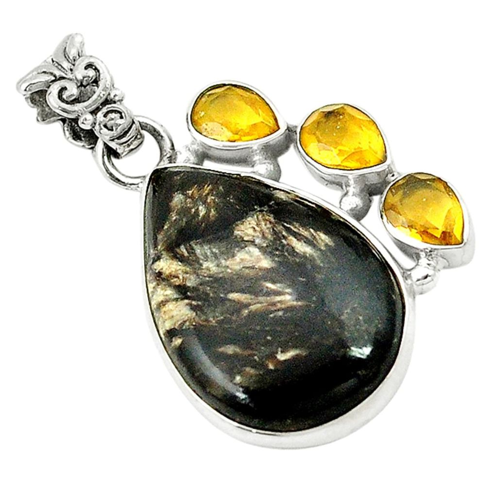 Natural black seraphinite (russian) citrine 925 silver pendant d2721