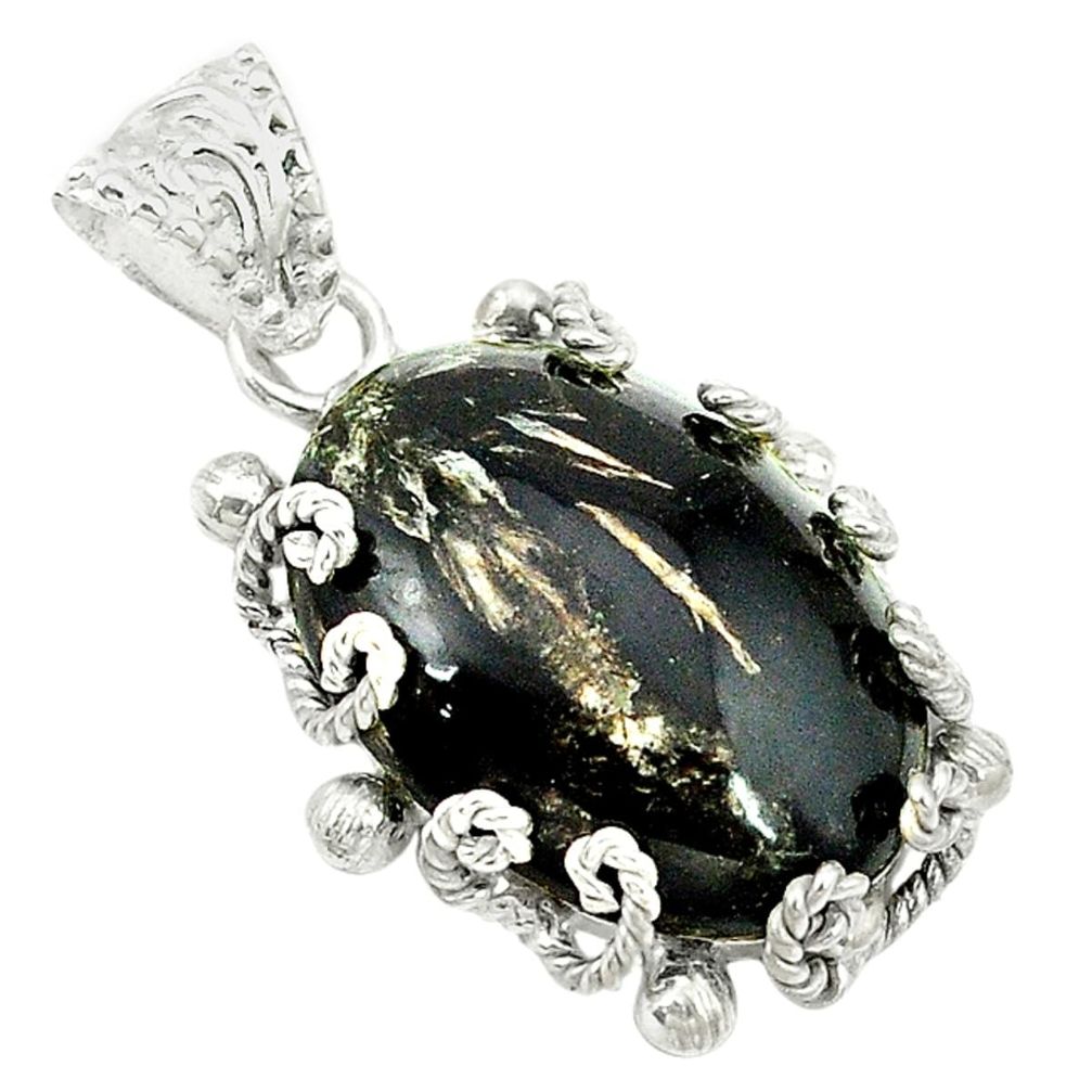 Natural black seraphinite (russian) 925 sterling silver pendant d2829