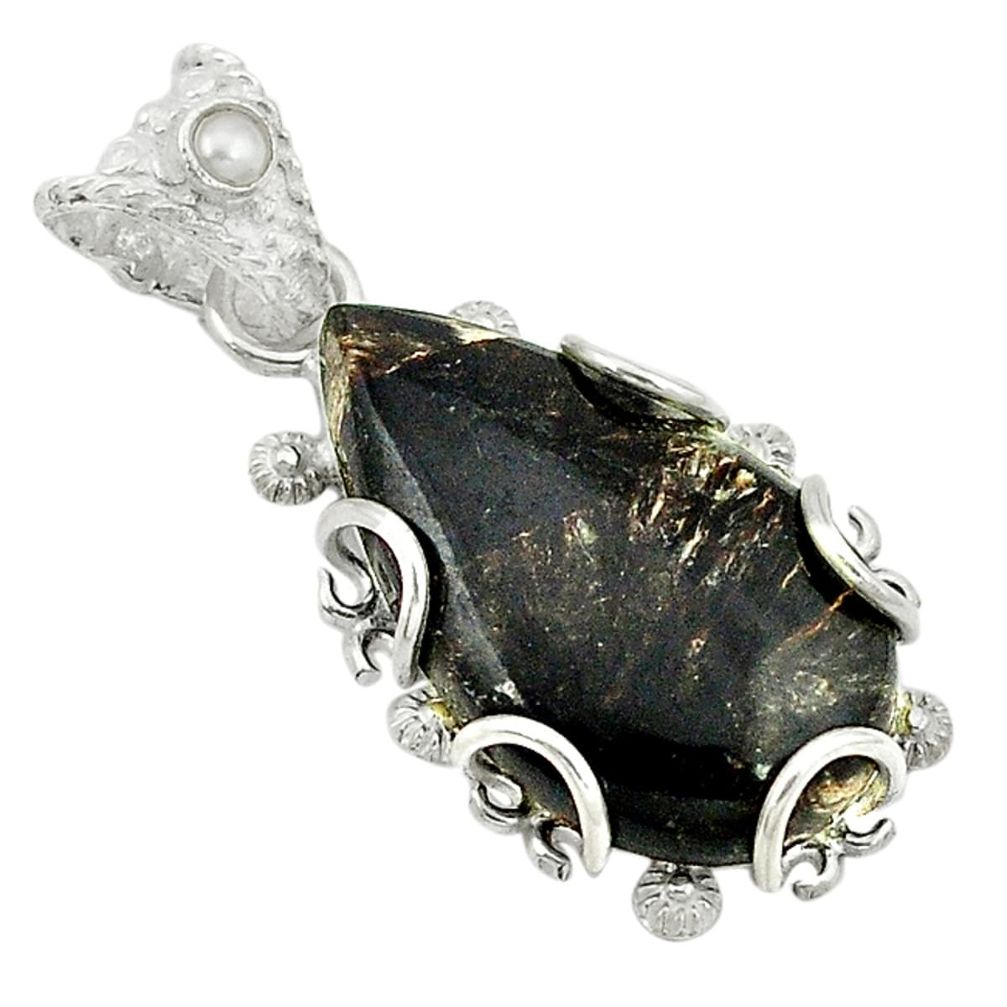 925 silver natural black seraphinite (russian) white pearl pendant d2835