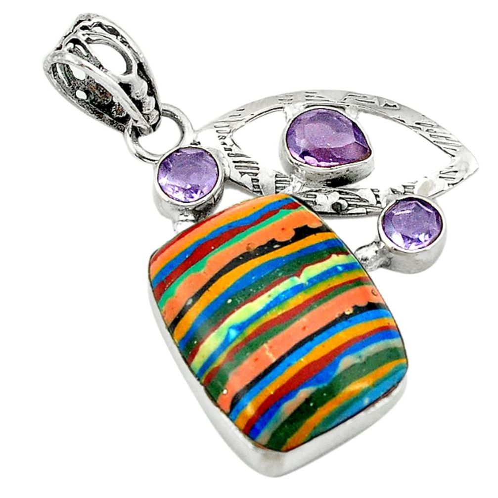 925 sterling silver natural multi color rainbow calsilica amethyst pendant d2843