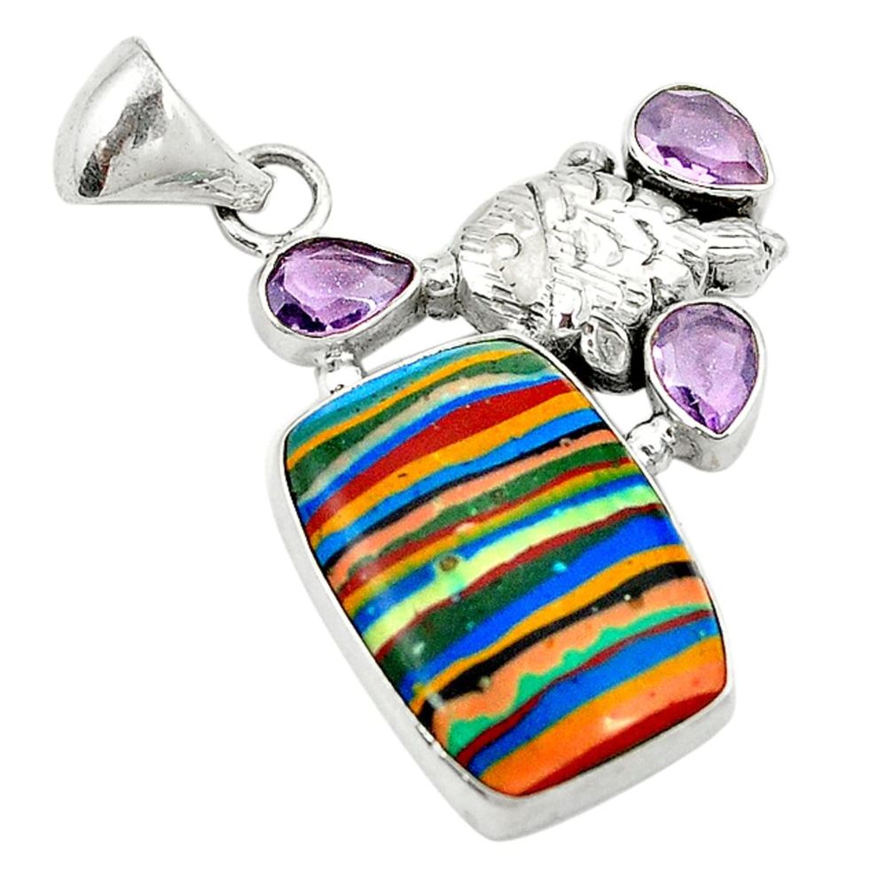 Natural multi color rainbow calsilica purple amethyst 925 silver pendant d2846