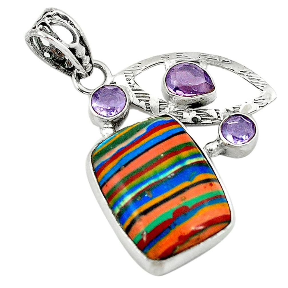 925 silver natural multi color rainbow calsilica amethyst pendant jewelry d2849