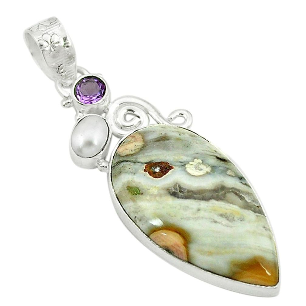 Natural multi color ocean sea jasper (madagascar) pearl 925 silver pendant d2859