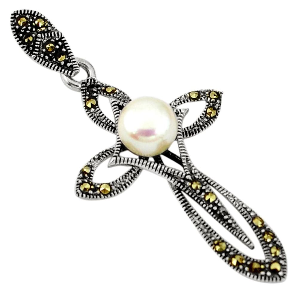 Natural white pearl marcasite 925 silver holy cross pendant jewelry d5141