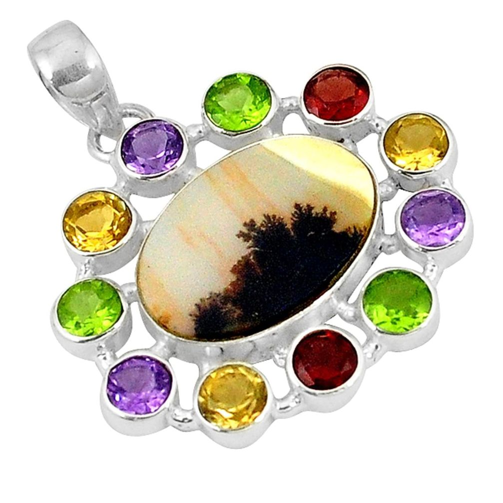 Natural scenic russian dendritic agate peridot garnet 925 silver pendant d5452