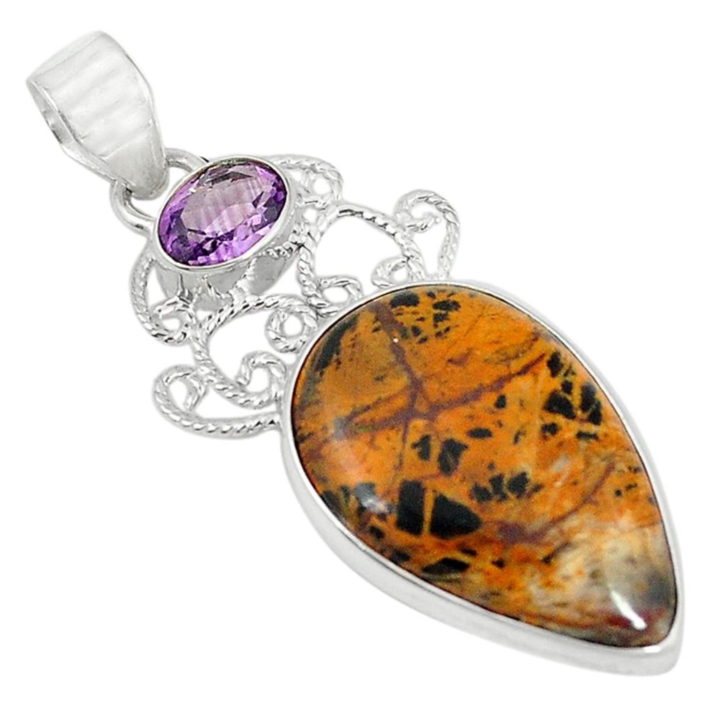 Natural yellow pilbara jasper purple amethyst 925 silver pendant d6208