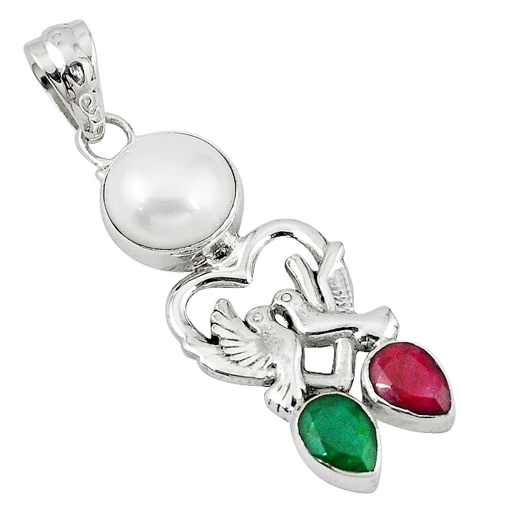 925 silver natural white pearl emerald ruby quartz love birds pendant d7724