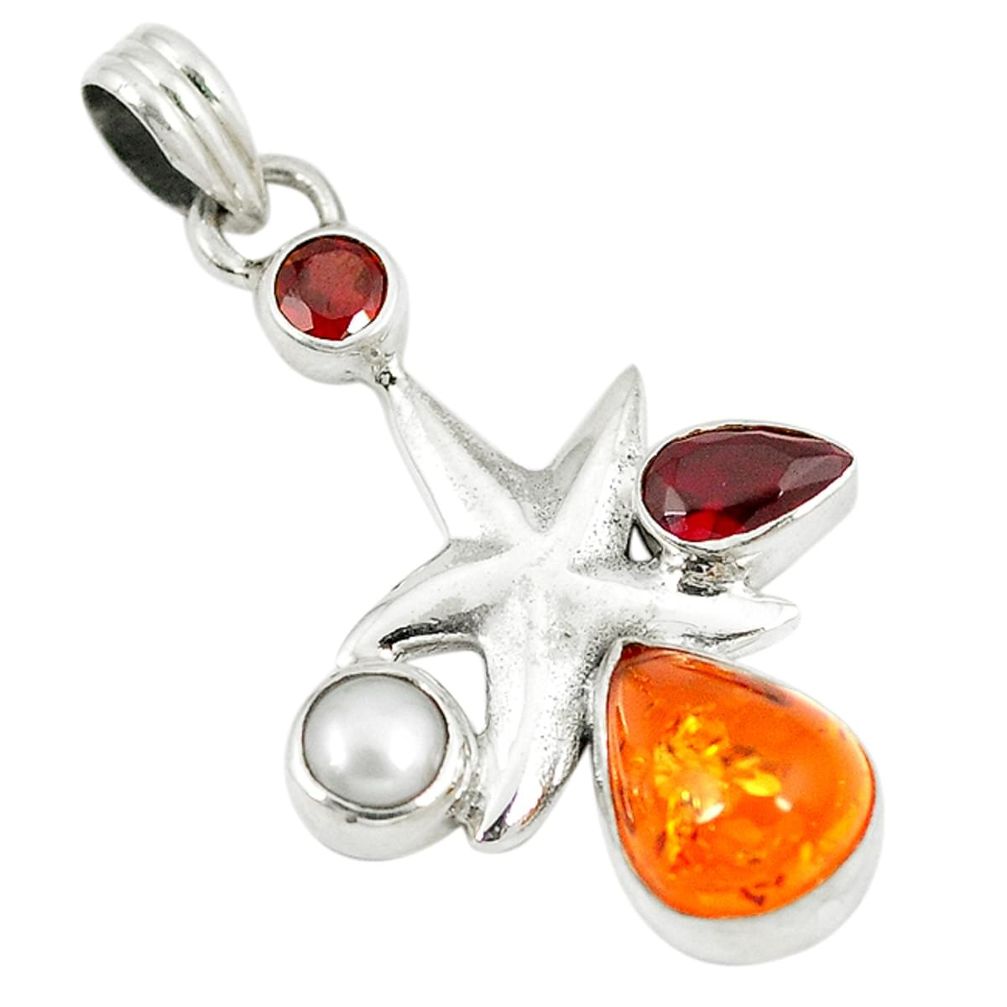 Orange amber garnet pearl 925 sterling silver star fish pendant jewelry d8383